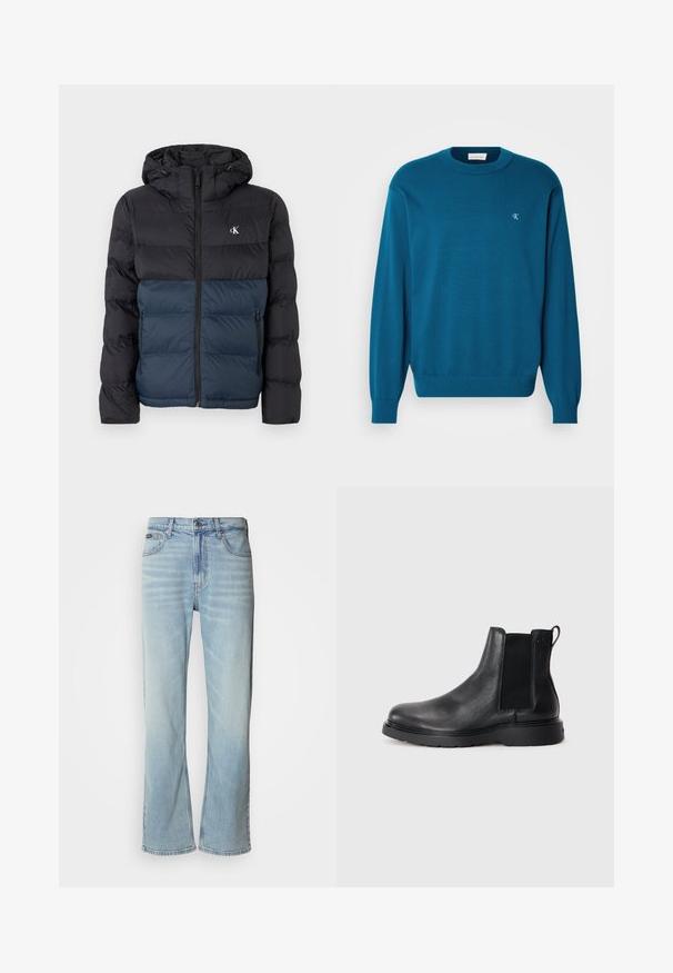 Padded Jacke mit Kapuze, schwarzem oberen Teil und marineblauem unteren Teil, mit Reißverschluss und Logo auf der Brust. Glattes, leichtes Material.; Türkiser Strickpullover mit rundem Kragen, langen Ärmeln und geripptem Saum. Verfügt über ein kleines Logo in der oberen linken Ecke. Weiche Textur.; Hellblaue Jeans aus Denim mit geradem Bein, ausgestattet mit fünf Taschen, einem Knopfverschluss und subtilen Verwaschungen im Stoff.; Schwarze Leder-Chelsea-Boots mit strukturiertem Finish, elastischen seitlichen Einsätzen und einer robusten Gummisohle. Dezentes Branding an der Ferse.