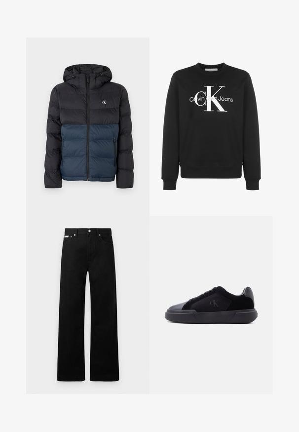 Padded Jacke mit Kapuze, schwarzem oberen Teil und marineblauem unteren Teil, mit Reißverschluss und Logo auf der Brust. Glattes, leichtes Material.; Schwarzes Sweatshirt mit Rundhalsausschnitt und langen Ärmeln, weißem Calvin Klein Jeans-Logo und großen stilisierten "cK" Buchstaben auf der Vorderseite.; Schwarze Denim-Hose im weiten Bein-Design mit fünf Taschen und metallenen Knopfdetails. Glatte Textur, ohne sichtbare Muster.; Schwarzer Sneaker in Low-Top-Design mit dicker Sohle, Schnürverschluss vorne und dezente "cK"-Logo auf der Seitenpaneele.
