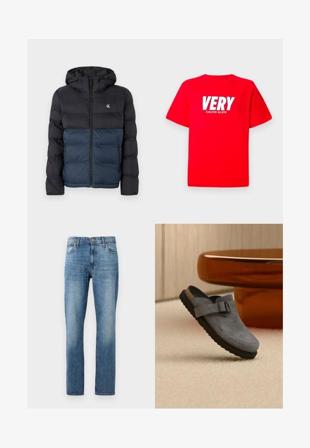 Padded Jacke mit Kapuze, schwarzem oberen Teil und marineblauem unteren Teil, mit Reißverschluss und Logo auf der Brust. Glattes, leichtes Material.; Rotes T-Shirt mit kurzen Ärmeln, auf der Brust in großen weißen Buchstaben "VERY" und darunter in kleineren weißen Buchstaben "CALVIN KLEIN".; Blaue gerade geschnittene Jeans aus Denim mit fünf Taschen, Knopf- und Reißverschluss, präsentiert vor einem schlichten weißen Hintergrund.; Grauer Wildleder-Slipper-Clog mit schwarzer Sohle und verstellbarem Schnallenriemen, liegend auf beigem Teppich nahe einem abgerundeten braunen Tischbein.
