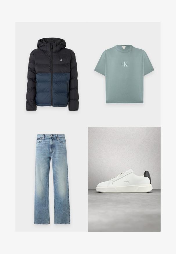 Polstret jakke med hætte, sort topdel og marineblå bunddel, lynlåslukning og logo på brystet. Glat, letvægtsstof.; Lyseblågrøn kortærmet T-shirt med rund hals og centreret Calvin Klein-logo i hvid og sort tekst på forsiden.; Lyseblå denim jeans med lige ben, højt talje, fem lommer, knaplukning og diskrete falmede områder på lår og knæ.; Hvide sneakers med en glat læderoverdel, flade snørebånd og en forhøjet hvid sål. Har en sort detalje ved hælen og et præget logo.