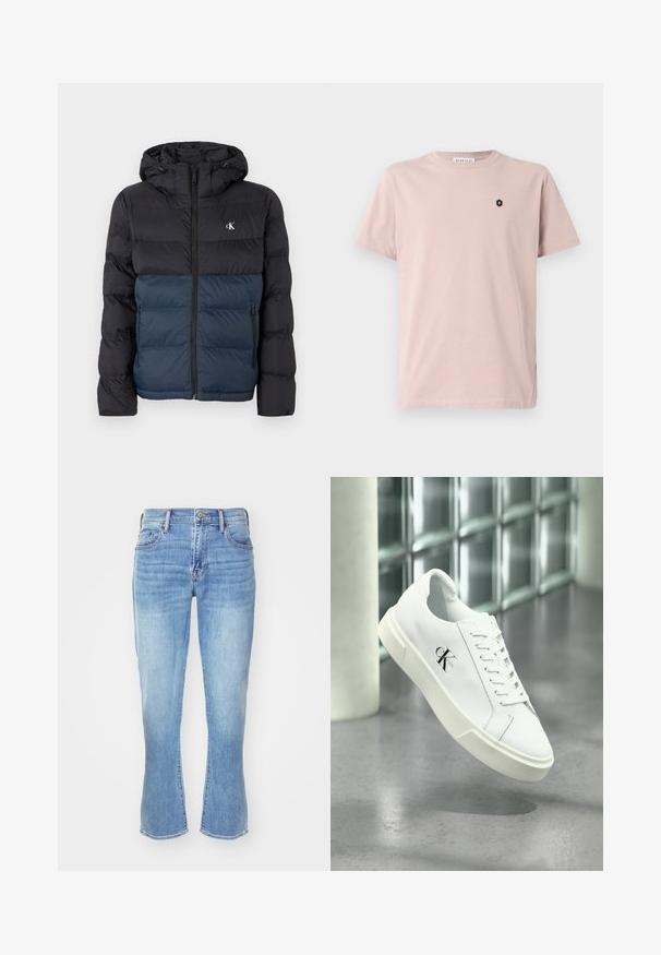 Padded Jacke mit Kapuze, schwarzem oberen Teil und marineblauem unteren Teil, mit Reißverschluss und Logo auf der Brust. Glattes, leichtes Material.; Helles rosa T-Shirt mit kurzen Ärmeln aus weichem Stoff. Besitzt ein kleines schwarzes sechseckiges Logo auf der linken Brust. Gerader Schnitt.; Hellblaues Denim-Jeans mit geradem Schnitt, ausgestellten Beinöffnungen, Fünf-Taschen-Design und subtiler Abnutzung an den Knien und Oberschenkeln.; Weißer Calvin Klein Sneaker mit Schnürsenkeln, schwebend über einem polierten Betonboden und einer Glasbausteinwand im Hintergrund dargestellt.