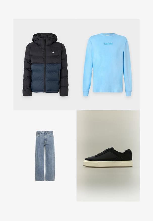 Gevoerde jas met een capuchon, met een zwarte bovenhelft en een marineblauwe onderhelft, ritssluiting en logo op de borst. Gladde, lichtgewicht stof.; Lichtblauw langekleding t-shirt met ronde hals en het "Calvin Klein" logo gecentreerd op de borst, weergegeven op een effen achtergrond.; Lichtblauwe jeans met rechte pijpen, knoop- en ritsluiting aan de voorkant, riemlussen en een ontwerp met vijf zakken.; Zwarte lage sneaker met dikke witte zool, veters aan de voorkant en een subtiel "cK" logo aan de zijkant.