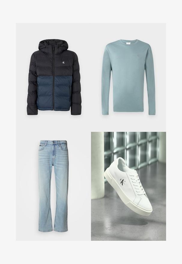 Padded Jacke mit Kapuze, schwarzem oberen Teil und marineblauem unteren Teil, mit Reißverschluss und Logo auf der Brust. Glattes, leichtes Material.; Hellblaues Langarm-T-Shirt aus einem weichen Stoff mit Rundhalsausschnitt, ausgestattet mit einem kleinen Logo im Bereich der linken Brust.; Hellblaue Jeans aus Denim mit geradem Bein, ausgestattet mit fünf Taschen, einem Knopfverschluss und subtilen Verwaschungen im Stoff.; Weißer Calvin Klein Sneaker mit Schnürsenkeln, schwebend über einem polierten Betonboden und einer Glasbausteinwand im Hintergrund dargestellt.