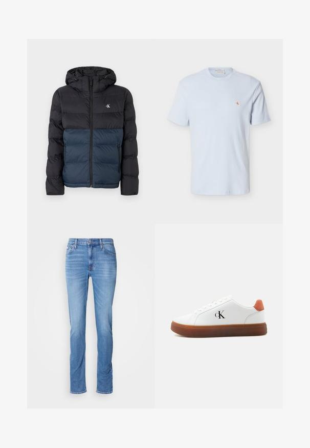 Chaqueta acolchada con capucha, mitad superior negra y mitad inferior azul marino, cierre de cremallera y logo en el pecho. Tela suave y ligera.; Camiseta de manga corta de color azul claro con tejido de gofre, cuello redondo y pequeño parche con el logo rojo "CK" en el pecho izquierdo.; Vaqueros de mezclilla azul para hombre con corte recto, bolsillos delanteros y traseros, y una pequeña etiqueta de Calvin Klein cerca del bolsillo delantero derecho.; Zapatilla blanca de corte bajo con suela marrón, lengüeta naranja en el talón, cordones y logo "cK" en el lateral.