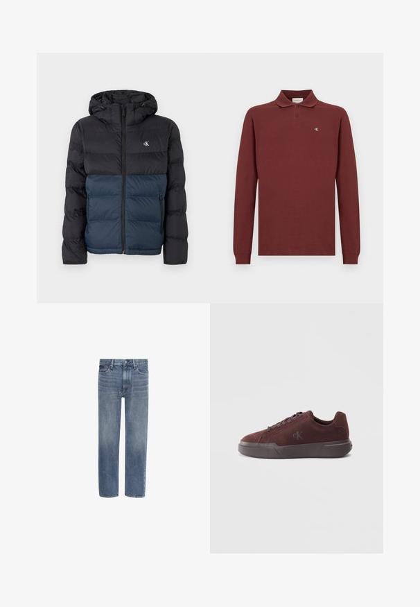 Gevoerde jas met een capuchon, met een zwarte bovenhelft en een marineblauwe onderhelft, ritssluiting en logo op de borst. Gladde, lichtgewicht stof.; Bordeaux lange mouwen polo shirt van katoen, met een klassieke kraag, een drie-knopen sluiting en een klein geborduurd logo op de borst.; Blauwe spijkerbroek met rechte pijpen, voorzakken, riemlussen en een knoopsluiting.; Bordeaux suède sneaker met een rubberen zool, voorzien van ronde veters en een subtiele, geïmplanteerde logo op de zijkant voor branding.