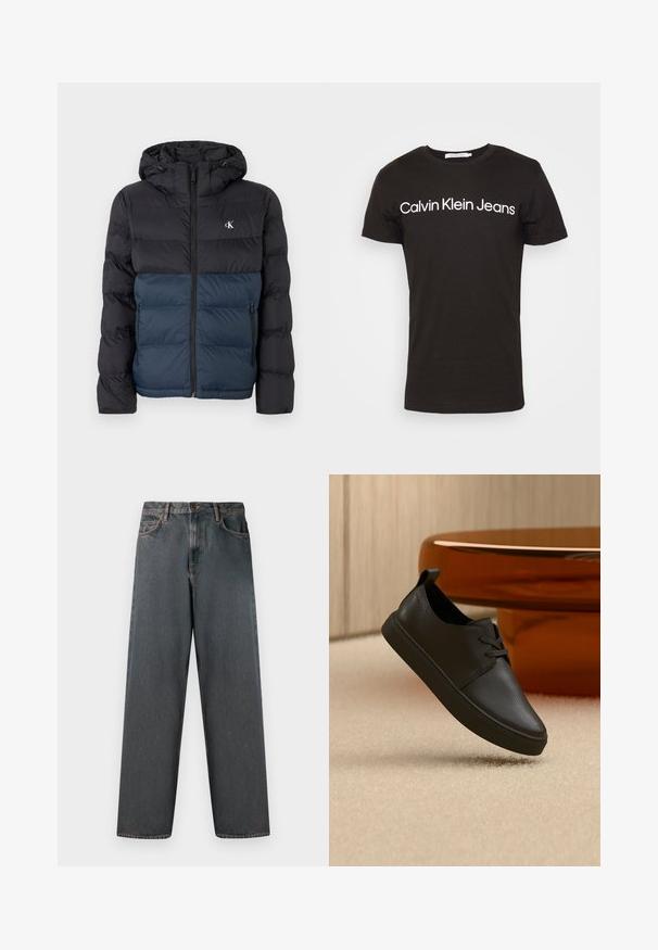 Padded Jacke mit Kapuze, schwarzem oberen Teil und marineblauem unteren Teil, mit Reißverschluss und Logo auf der Brust. Glattes, leichtes Material.; Schwarzes Baumwoll-T-Shirt mit Rundhalsausschnitt und kurzen Ärmeln; „Calvin Klein Jeans“-Logo in Weiß quer über die Brust.; Dunkelgraue Jeans aus Denim mit einem geraden Bein-Design, fünf Taschen und einem Knopf- und Reißverschluss. Der Stoff zeichnet sich durch subtile Ausbleichungen und Nähte aus.; Schwarzer Freizeit-Sneaker aus Leder mit Schnürsenkeln, schwebt über einem beigen Teppich, im Hintergrund ein bernsteinfarbenes, rundes Glastisch.