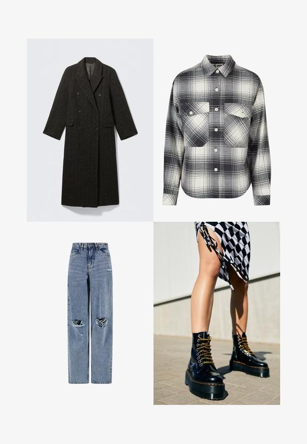 Manteau en laine à motif chevrons foncé, à double boutonnage, avec de grands revers et deux poches avant. Coupe longue et droite.; Chemise en flanelle à carreaux noire, blanche et grise. Présente un devant à boutons, deux poches poitrine et des manches longues avec des poignets boutonnés.; Jean en denim bleu avec de grands trous déchirés aux deux genoux et un léger effilochage sur la cuisse droite.; Bottes plateformes en cuir noir avec des semelles épaisses, des lacets dorés et des coutures orange, assorties à une jupe à carreaux mettant en valeur une fente sur le côté.