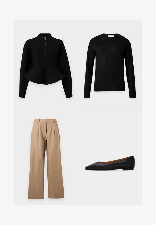 Veste noire avec fermeture éclair, col, et manches longues. Présente une taille ajustée et une texture lisse.; Pull noir à manches longues col rond avec une petite étiquette blanche au niveau du col arrière, présenté sur un fond gris clair uni.; Pantalon beige à jambes larges avec plis à l'avant, passants pour ceinture et fermeture frontale dissimulée, présenté sur un fond uni.; Chaussure plate en cuir noir à bout pointu avec talon bas et finition lisse, vue de côté sur un fond gris clair.
