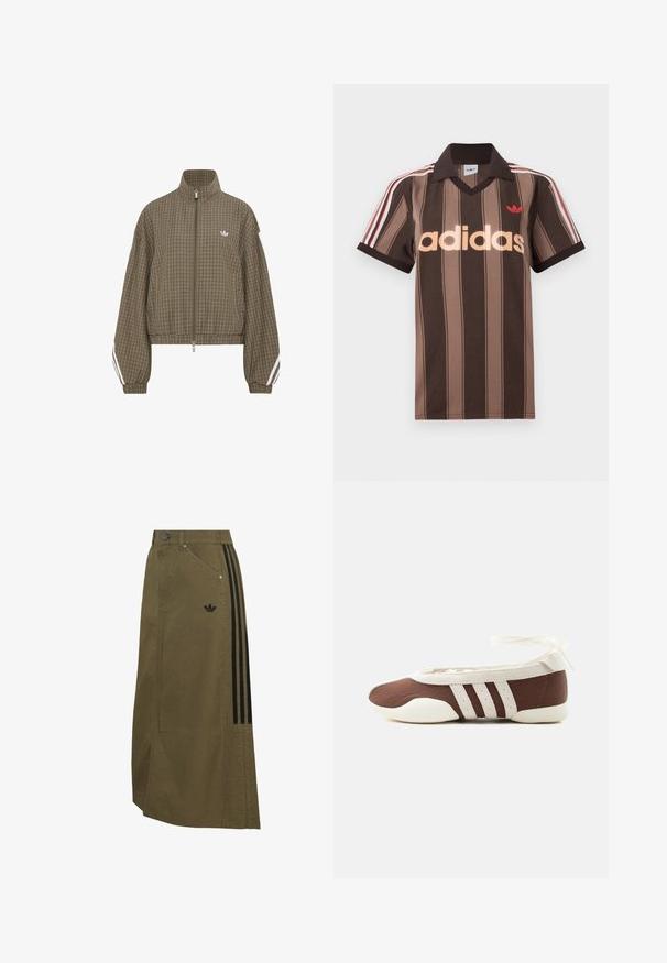 Brown checkered zip-up jacket with high collar, elastic waistband, white stripes on sleeves, and small white logo on the chest.; Brown striped Adidas polo shirt with a V-neck, burgundy collar, and red logo. Features white and red shoulder stripes, short sleeves.; Olive green long skirt with side pockets, black Adidas logo, and three black stripes running vertically on one side.; Brown and white ballet flat shoe with three white stripes and ankle tie bow on a plain light background.