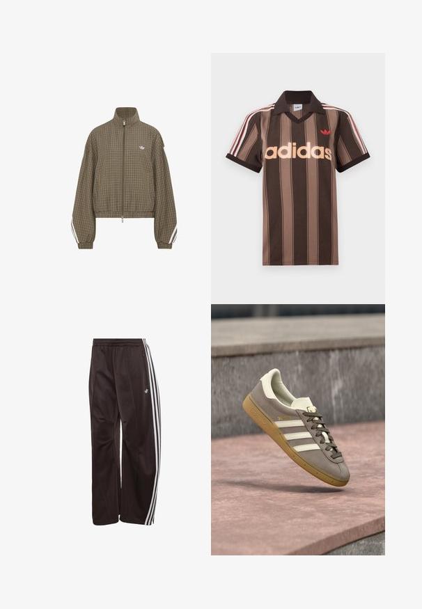 Chaqueta marrón con cremallera y estampado de cuadros, con cuello alto, cintura elástica, rayas blancas en las mangas y pequeño logo blanco en el pecho.; Polo Adidas marrón con rayas, cuello en V, cuello burdeos y logo rojo. Presenta rayas blancas y rojas en los hombros, mangas cortas.; Pantalones de chándal Adidas negros con tres rayas blancas a los lados, cintura elástica, bolsillo lateral con cremallera y logotipo de Adidas en la pierna izquierda.; Zapatilla Adidas de ante marrón claro con rayas blancas y suela de goma, suspendida sobre escaleras de piedra rosa al aire libre.