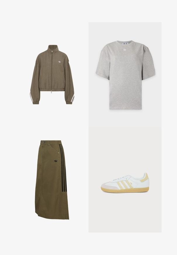 Brun ternet lynlåstrøje med høj krave, elastisk talje, hvide striber på ærmerne og lille hvidt logo på brystet.; Lysegrå Adidas T-shirt med korte ærmer, rund hals og lille hvid Adidas-logo på brystet, vist på en ensfarvet baggrund.; Lang olivengrøn nederdel med sidelommer, sort Adidas-logo og tre sorte striber, der løber lodret på den ene side.; Hvid Adidas Samba sneaker med beige ruskinddetaljer, tre teksturerede striber og gummsål set fra siden på en hvid baggrund.