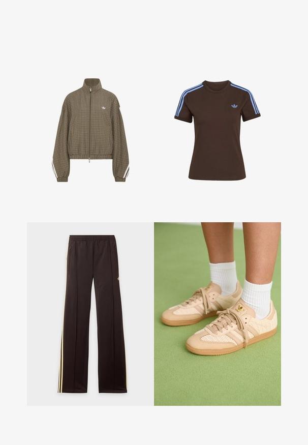 Brown checkered zip-up jacket with high collar, elastic waistband, white stripes on sleeves, and small white logo on the chest.; Brown short-sleeve t-shirt with light blue three stripes on the shoulders and small light blue Adidas logo on the left chest.; Black track pants with yellow side stripes, elastic waistband, zippered side pockets, and a small logo on the upper thigh.; Feet wearing beige woven Adidas sneakers with gum soles and white ankle socks on green textured floor.