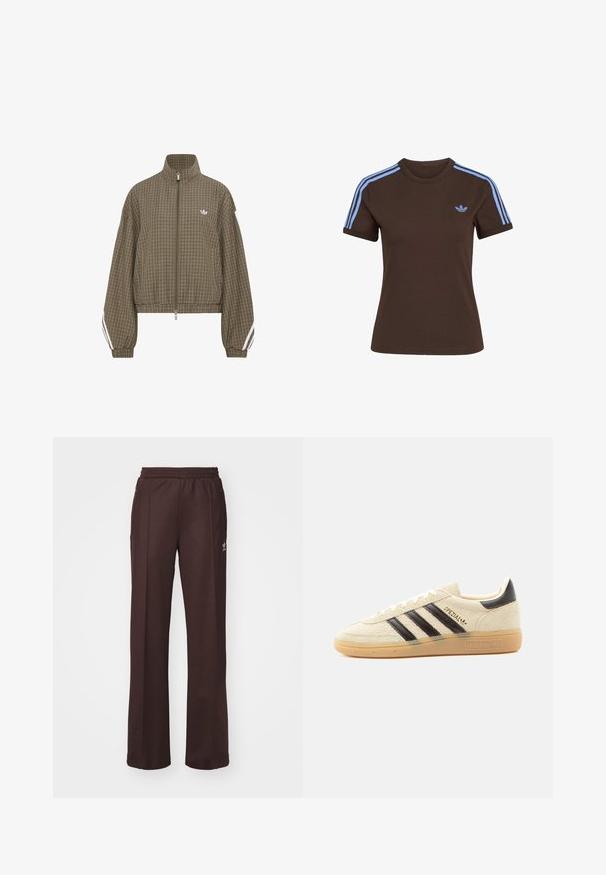 Chaqueta marrón con cremallera y estampado de cuadros, con cuello alto, cintura elástica, rayas blancas en las mangas y pequeño logo blanco en el pecho.; Camiseta marrón de manga corta con tres rayas azul claro en los hombros y pequeño logo de Adidas azul claro en el pecho izquierdo.; Pantalones deportivos marrones con una cinturilla elástica, dos bolsillos laterales y un pequeño logo en el lado izquierdo, hechos de una tela suave.; Zapatilla de ante color crema con rayas negras, suela de goma, lengüeta negra en el talón y texto dorado "SPEZIAL" en el lateral.