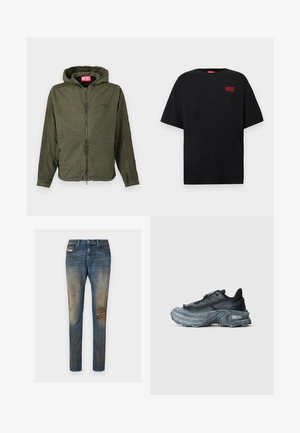 Veste à capuche vert olive en tissu léger. Dotée d'une fermeture éclair frontale, de poignets élastiques et de rayures texturées sur les côtés. Logo de la marque visible.; T-shirt noir en coton, avec des manches courtes, un col rond, et un logo rouge "DIESEL" sur le côté gauche de la poitrine.; Jean en denim bleu à coupe slim, avec un léger délavage, des zones usées, et un design classique à cinq poches incluant une petite étiquette logo.; Baskets Diesel noires et grises avec semelle épaisse, système de laçage à bascule et design texturé sur fond gris clair uni.