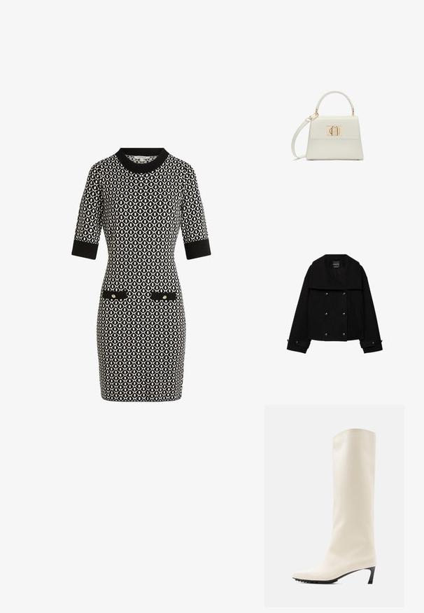 Schwarze, zweireihige, kurz geschnittene Jacke aus Wolle mit großen Revers, zwei Eingrifftaschen vorne und Knopfdetails an den Ärmeln.; Kurzärmliges, schwarz-weiß gemustertes Kleid mit Rundhalsausschnitt, zwei vorderen Taschen mit goldenen Akzenten und taillierter Silhouette.; Knielanger weißer Stiefel aus glattem Material mit spitzer Spitze und schlankem schwarzem Absatz. Verfügt über ein schlichtes Design und minimale Markenkennzeichnung.; Kleine weiße Handtasche mit Tragegriff oben, abnehmbarem Schulterriemen und goldenem rechteckigem Verschluss auf der vorderen Klappe.