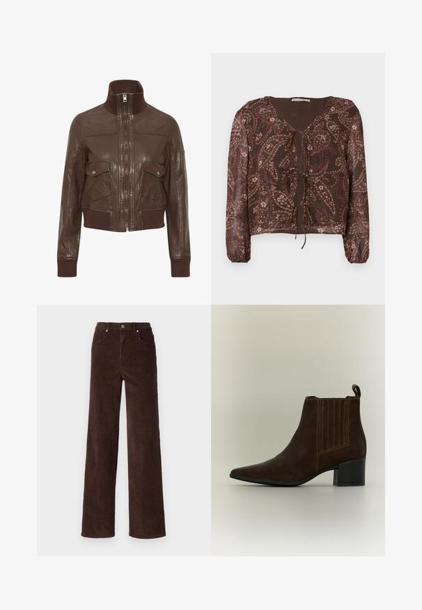 Oxmo OXDENNY - Veste en cuir - chestnut; Blouse marron à motif avec des manches longues élastiques, encolure en V et détail de nœud à l'avant. Présente des motifs floraux et paisley dans des couleurs douces.; Vero Moda VMTESSA WIDE PANTS - Pantalon classique - chocolate torte; Bottine en cuir marron foncé avec bout pointu, talon bloc, panneau latéral élastique et languette à l'arrière, vue de profil.