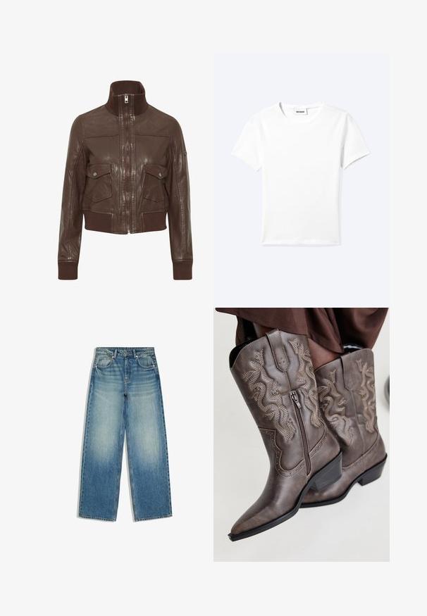 Oxmo OXDENNY - Veste en cuir - chestnut; T-shirt blanc uni à manches courtes et col rond avec une petite étiquette "WEEKDAY" à l'intérieur de l'encolure, présenté à plat sur un fond clair.; Jean bleu à jambes larges avec devant délavé, design à cinq poches, passants pour ceinture et fermeture par bouton.; Bottes de cowboy en cuir marron avec un bout pointu, fermeture éclair sur le côté et design serpent texturé en beige, ornées de clous décoratifs le long des bords.