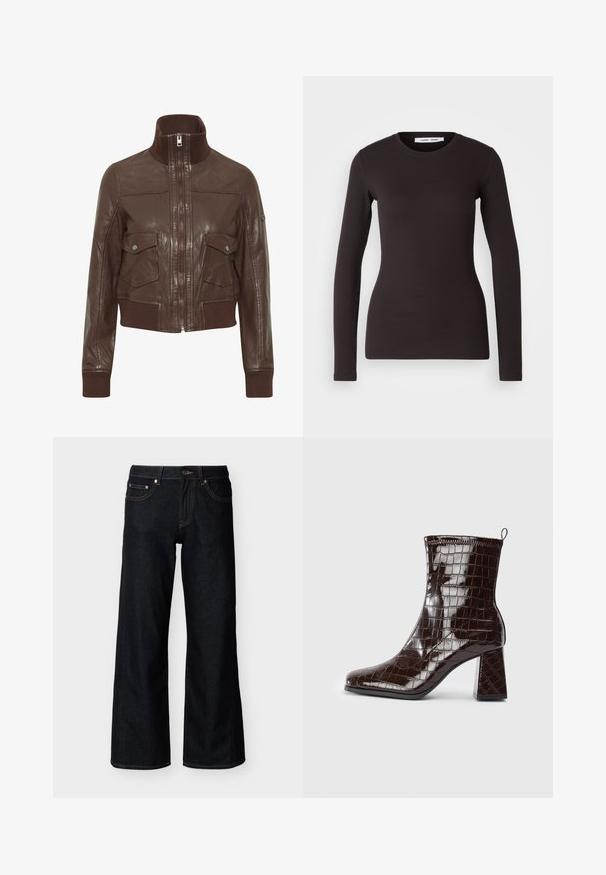 Oxmo OXDENNY - Veste en cuir - chestnut; Haut noir à manches longues en tissu doux et extensible. Il présente un col rond et une coupe ajustée avec une texture lisse et sans motifs visibles.; Jean denim bleu foncé à jambes larges avec bouton frontal, fermeture éclair et style cinq poches sur fond clair uni.; Bottine en cuir verni marron foncé, avec texture crocodile, talon carré et tirant à l'arrière sur fond blanc.