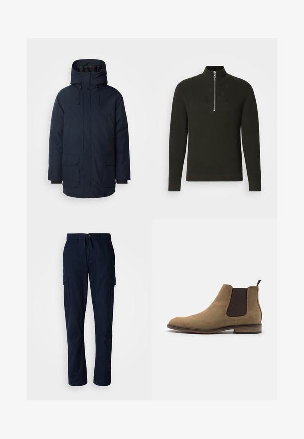 Marineblaue Parkajacke mit hohem Kragen, verstellbarem Kapuzen, zwei Fronttaschen mit Klappe und gerippten Bündchen. Hergestellt aus strukturiertem, wasserabweisendem Stoff.; Schwarzer, gerippter Strickpullover mit hohem Kragen und kurzem Reißverschluss, mit langen Ärmeln und schmalem Schnitt.; Marineblaue Cargo-Hosen aus strapazierfähigem Material, mit zwei Seitentaschen und einem Kordelzugbund für eine verstellbare Passform.; Pier One by Zalando Stiefelette - beige