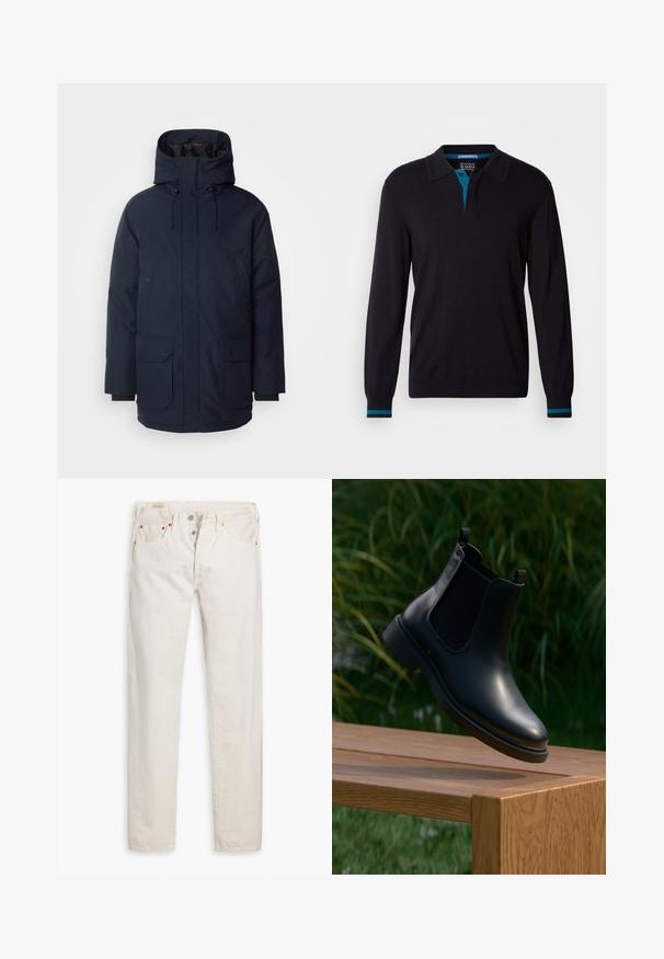 Mørkeblå parkajakke med høj krave, justerbar hætte, to frontlommer med klap og ribbede ærmer. Fremstillet af tekstureret vandafvisende stof.; Scotch & Soda LONG SLEEVE POLO - Striktrøje - anthracite; Off-white high-waisted slim-fit jeans med knaplukning, fem lommer og kobbernitter, lagt fladt på en hvid baggrund.; Sort læder ankelstøvle med elastiske sidepaneler, der svæver over en træbænk, med grønne planter i baggrunden.