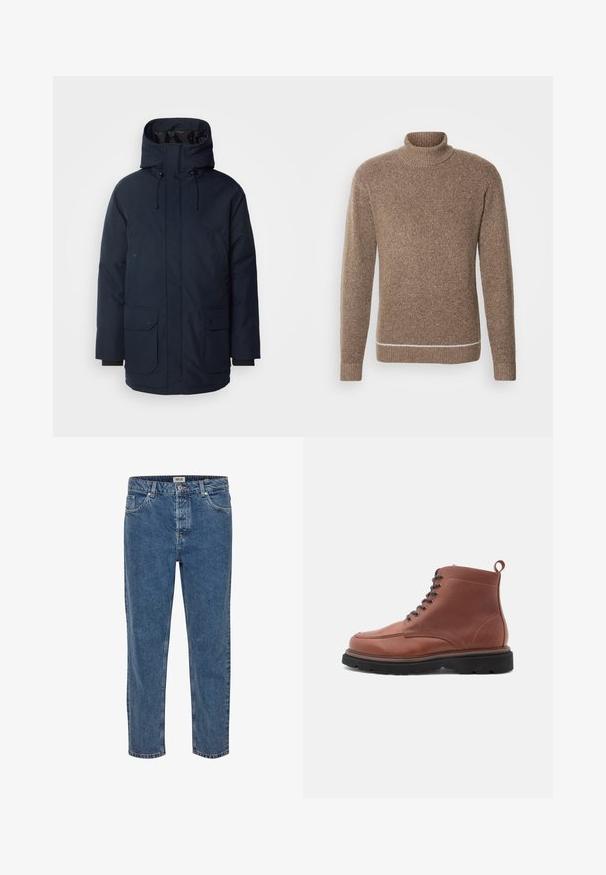 Navyblauwe parka-jas met een hoge kraag, verstelbare capuchon, twee voorste klepzakken en ribgebreide manchetten. Gemaakt van gestructureerde waterafstotende stof.; INDICODE JEANS Trui - otter; Blauwe spijkerbroek met een rechte pasvorm. Beschikt over vijf zakken, een knoopsluiting en contrasterende stiksels. De stof heeft een klassieke textuur.; Bruine leren enkellaarsjes met een ronde neus, vetersluiting aan de voorkant en een gestructureerd oppervlak, voorzien van een trekband en een robuuste zwarte zool.