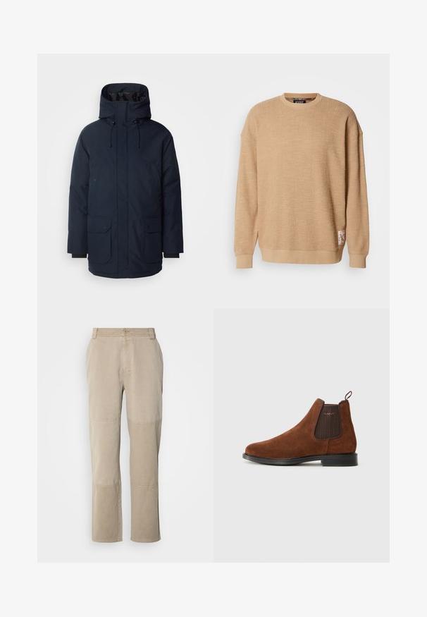 Tumedast sinisest parka jakk kõrge kraega, reguleeritava kapuutsiga, kahe esise palliga taskuga ja soonikkätega. Valmistatud tekstureeritud veekindlast kangast.; Scotch & Soda TEXTURED - Pusa - tannin; Beesidised puuvillased twill püksid sirge säärekujundusega, millel on õmmeldud põlvekohad ja nupuga kinnitamine vööl.; Pruunist sametist Chelsea saabas elastse küljeosaga, tagaküljel silmusling, must tald ja diskreetne "GANT" logo küljeosal.