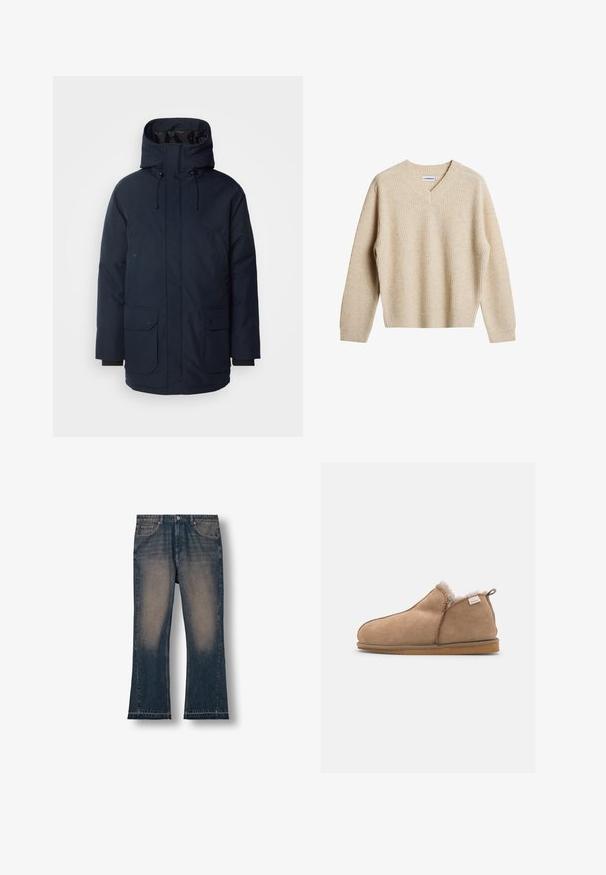 Navyblauwe parka-jas met een hoge kraag, verstelbare capuchon, twee voorste klepzakken en ribgebreide manchetten. Gemaakt van gestructureerde waterafstotende stof.; Beige, geribbelde trui met V-hals en lange mouwen. Heeft een ontspannen pasvorm en een gestructureerde stof voor extra warmte en comfort.; Donkerblauwe denim flared jeans met vervaagde dijen, vijf zakken en een rafelige zoom. Stevige stof met een klassieke pasvorm.; Bruine suedine slipper met een zachte fleece voering, ronde neus en minimale stiksels. Voorzien van een rubberen zool en een klein trekbandje aan de achterkant.