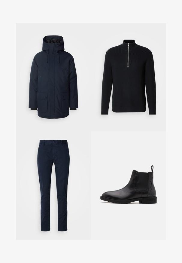 Navyblauwe parka-jas met een hoge kraag, verstelbare capuchon, twee voorste klepzakken en ribgebreide manchetten. Gemaakt van gestructureerde waterafstotende stof.; Zwarte geribde gebreide trui met een hoge kraag en korte rits. Heeft lange mouwen en een rechte zoom met geribde manchetten.; Donkerblauwe chinos gemaakt van een katoenmix. Voorzien van een knoopsluiting, riemlussen, recht gesneden ontwerp en een gladde textuur.; Zwarte leren Chelsea-boot met elastische zijpanelen, ronde neus en een lage blokhak. Voorzien van een treklipje aan de achterkant voor gemakkelijk aan- en uittrekken.