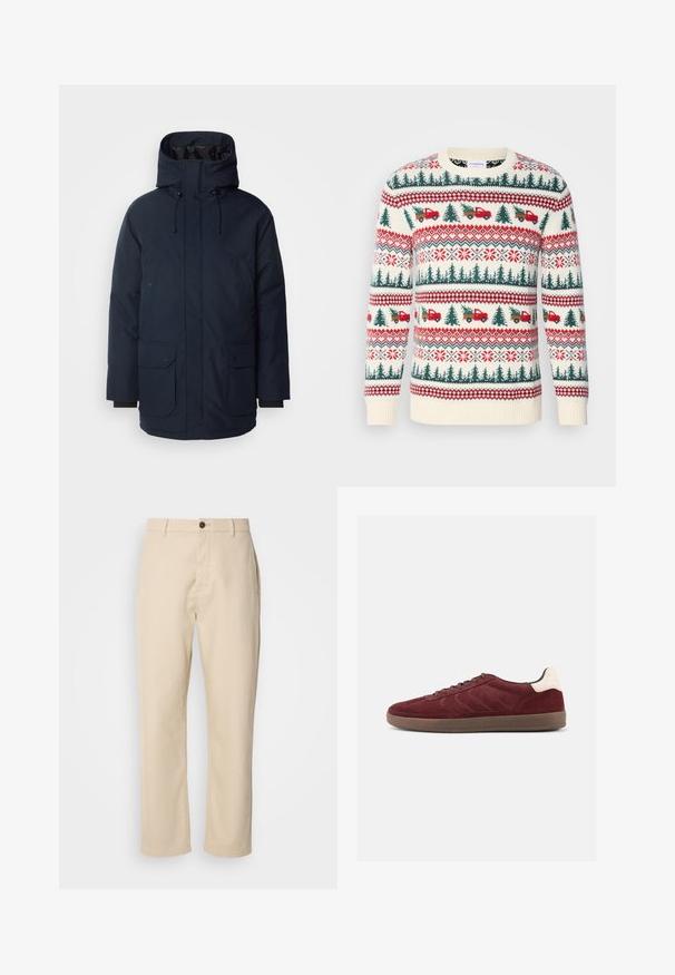 Marineblaue Parkajacke mit hohem Kragen, verstellbarem Kapuzen, zwei Fronttaschen mit Klappe und gerippten Bündchen. Hergestellt aus strukturiertem, wasserabweisendem Stoff.; Strickpullover mit einer cremefarbenen Basis, roten und grünen Mustern von Bäumen, Lastwagen und Schneeflocken, mit gerippten Bündchen und Saum.; Beige Baumwollhosen mit geraden Beinen, einem Knopfverschluss vorne, Seitentaschen und einer glatten Textur. Minimalistisches Design, ohne sichtbare Muster.; Bordeauxrote Veloursledersneaker mit Schnürung vorne, strukturierten seitlichen Details und hellfarbigem Fersenakzent. Gummisohle mit glatter Oberfläche.