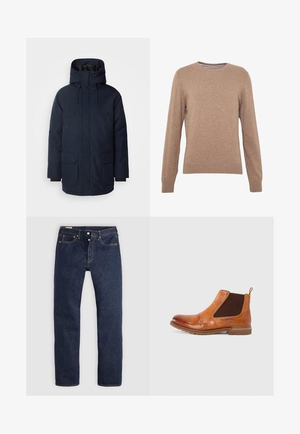 Navyblauwe parka-jas met een hoge kraag, verstelbare capuchon, twee voorste klepzakken en ribgebreide manchetten. Gemaakt van gestructureerde waterafstotende stof.; Bruine trui van gebreide stof, met een ronde halslijn en lange mouwen. Gep eenvoudig ribbelmanchetten en -zoom, effen kleur met een zachte textuur.; Donkerblauwe recht gesneden spijkerbroek met knoopsluiting, voor- en achterzakken en contrasterende stiksels, plat gelegd op een lichte achtergrond.; Tan leren Chelsea boot met elastische mesh zijpanelen, ronde neus en een gestructureerde bruine binnenvoering; voorzien van een lage, gestapelde hak.