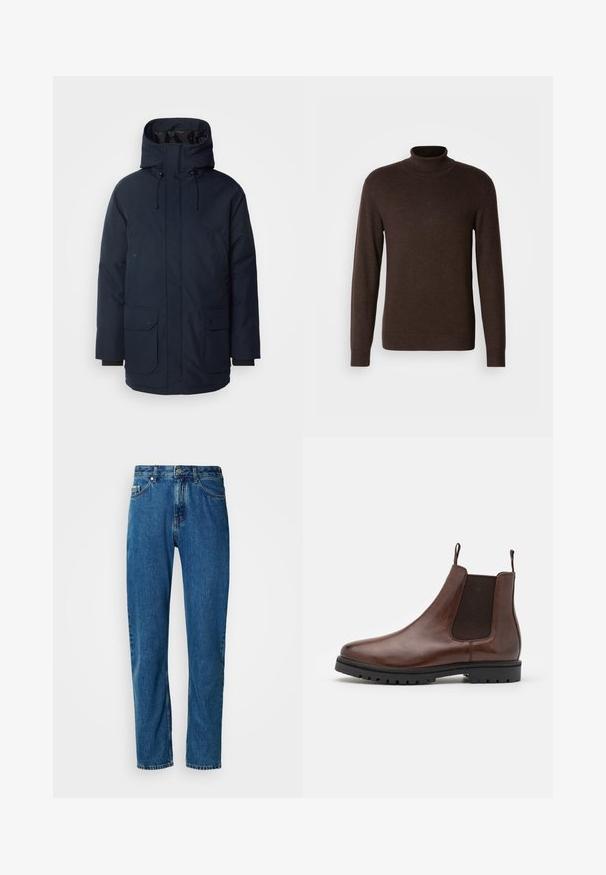 Mørkeblå parkajakke med høj krave, justerbar hætte, to frontlommer med klap og ribbede ærmer. Fremstillet af tekstureret vandafvisende stof.; Brun turtleneck sweater lavet af blødt materiale, med lange ærmer og ribbet krave. Glat tekstur med en tætsiddende design.; Blå lige ben denim jeans med fem lommer og frontlukning med knap på en hvid baggrund.; Brune læder Chelsea-støvle med elastiske sidepaneler, rund tå og tekstureret gummisål, der har trækstropper for nem påtagning.