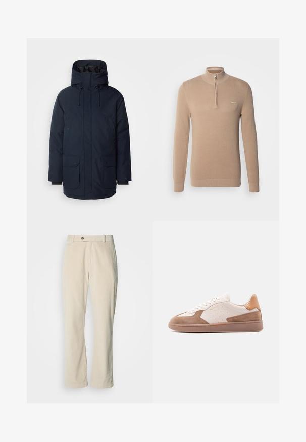 Marineblaue Parkajacke mit hohem Kragen, verstellbarem Kapuzen, zwei Fronttaschen mit Klappe und gerippten Bündchen. Hergestellt aus strukturiertem, wasserabweisendem Stoff.; Beige Kapuzenpullover mit strukturiertem Muster, langen Ärmeln und einem hohen Kragen. Verfügt über einen silbernen Reißverschluss und ein kleines Logo auf der Brust.; Beige Corduroyhosen mit Knopf- und Reißverschluss, Gürtelschlaufen und geradem Bein auf weißem Hintergrund.; Weißer und beige farbener Sneaker mit niedrigem Schaft, Wildleder-Akzenten, perforierten Seiten, weißen Schnürsenkeln und einer strukturierten Gummisohle, seitlich auf weißem Hintergrund dargestellt.