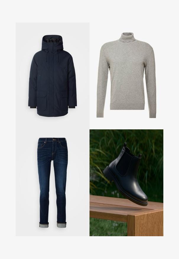 Navyblauwe parka-jas met een hoge kraag, verstelbare capuchon, twee voorste klepzakken en ribgebreide manchetten. Gemaakt van gestructureerde waterafstotende stof.; Grijze pullover trui met een hoge hals en lange mouwen. Gemaakt van een gladde, zachte stof met een nauwsluitend ontwerp en geribbelde accenten aan de zoom.; Donkerblauwe jeans met een recht gesneden ontwerp, ritsingang en opgerolde onderkant. Gemaakt van denim met lichte vervaging en contrasterende stikseldetails.; Zwarte leren enkelboot met elastische zijpanelen zwevend boven een houten bank, groene loof achtergrond.