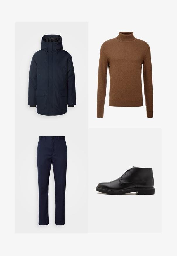 Marineblaue Parkajacke mit hohem Kragen, verstellbarem Kapuzen, zwei Fronttaschen mit Klappe und gerippten Bündchen. Hergestellt aus strukturiertem, wasserabweisendem Stoff.; Brauner Rollkragenpullover aus weichem Stoff, mit langen Ärmeln, gerippten Bündchen und tailliertem Schnitt ohne sichtbare Muster.; Dunkelblaue Hosen aus Baumwollgemisch. Verfügt über einen geraden Beinverlauf, einen Taillenbund mit Gürtelschlaufen und einen vorderen Knopfverschluss.; Schwarzer Lederknöchelstiefel mit drei Ösen, abgerundeter Spitze und flacher Sohle auf einfachem hellem Hintergrund.