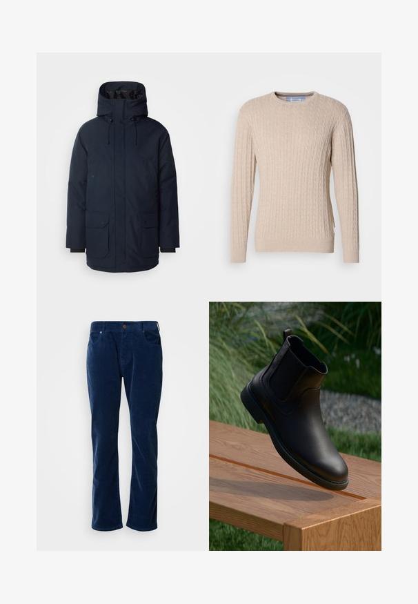 Marineblaue Parkajacke mit hohem Kragen, verstellbarem Kapuzen, zwei Fronttaschen mit Klappe und gerippten Bündchen. Hergestellt aus strukturiertem, wasserabweisendem Stoff.; Beiger Kabelstrickpullover mit langen Ärmeln, Rundhalsausschnitt sowie gerippten Bündchen und Saum, auf einem weißen Hintergrund präsentiert.; Scotch & Soda THE ZEE STRAIGHT - Stoffhose - insignia blue; Schwarzer Leder-Stiefelette mit elastischen Seitenteilen, rundem Zehenbereich und einer strukturierten Gummisohle, schwebt über einem Holztisch.
