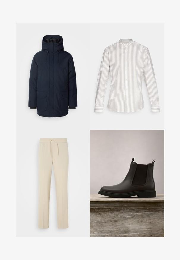 Navyblauwe parka-jas met een hoge kraag, verstelbare capuchon, twee voorste klepzakken en ribgebreide manchetten. Gemaakt van gestructureerde waterafstotende stof.; Hemd met lange mouwen in een lichte beige en witte verticale gestreepte patroon. Beschikt over een staande kraag en een knoopsluiting met bijpassende manchetten.; Beige, elastische broek met een trekkoord in de taille. Heeft rechte pijpen en een zachte textuur, geschikt voor casual wear of loungen.; Zwarte leren Chelsea-boot met elastische zijpanelen en trekbanden, zwevend boven een houten bankje buiten met een achtergrond van gras.