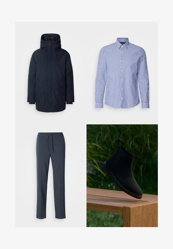 Navyblauwe parka-jas met een hoge kraag, verstelbare capuchon, twee voorste klepzakken en ribgebreide manchetten. Gemaakt van gestructureerde waterafstotende stof.; Blauw-witte gestreepte langemouwen overhemd met knopen, gemaakt van geweven katoen, met een klassieke kraag en een ronde zoom. Voorzien van parelknopen.; Marineblauwe, lichtgewicht broek met een trekkoord in de taille, rechte pijpen en een gladde textuur. Geen patronen of accenten zichtbaar.; Zwarte Chelsea-laars van glad leer, met een trekkoord, ronde neus, elastische zijpanelen en een lage hak. Getoond op een houten oppervlak.