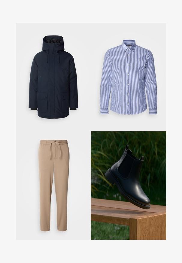 Navyblauwe parka-jas met een hoge kraag, verstelbare capuchon, twee voorste klepzakken en ribgebreide manchetten. Gemaakt van gestructureerde waterafstotende stof.; Blauw-witte gestreepte langemouwen overhemd met knopen, gemaakt van geweven katoen, met een klassieke kraag en een ronde zoom. Voorzien van parelknopen.; Beige sweatpants gemaakt van zachte katoen, met een elastische tailleband, trekkoord, slim fit en rechte benen zonder patronen.; Zwarte leren enkelboot met elastische zijpanelen zwevend boven een houten bank, groene loof achtergrond.