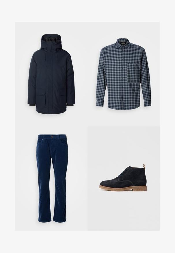 Tumedast sinisest parka jakk kõrge kraega, reguleeritava kapuutsiga, kahe esise palliga taskuga ja soonikkätega. Valmistatud tekstureeritud veekindlast kangast.; Scotch & Soda LIGHTWEIGHT CHECKED SHIRT - Pluus - sky captain; Scotch & Soda THE ZEE STRAIGHT - Püksid - insignia blue; Tumedast sametist pahkluu saapad tumesinise värviga, ümmarguse varbaga, nööridega sulgemine ja pruuni kummitald. Omab tikandid ja taga tõmbetab.