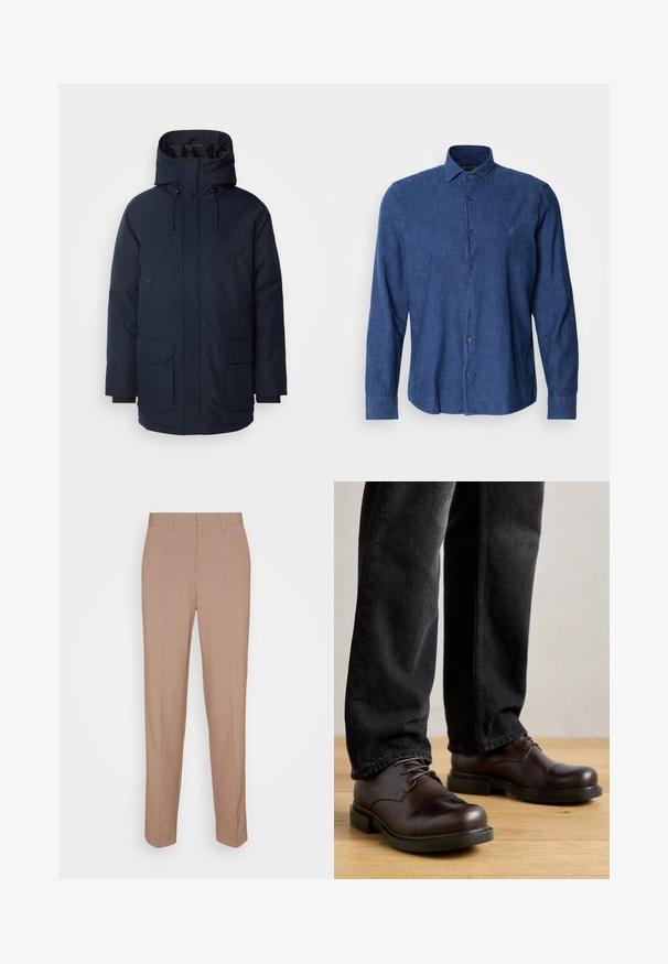 Marineblaue Parkajacke mit hohem Kragen, verstellbarem Kapuzen, zwei Fronttaschen mit Klappe und gerippten Bündchen. Hergestellt aus strukturiertem, wasserabweisendem Stoff.; Blaues Langarmhemd aus strukturiertem Stoff, mit traditionellem Kragen, Knopfleiste und dezenter Logo-Stickerei auf der Brust.; Beige, maßgeschneiderte Hose aus glattem, strukturiertem Stoff. Gerade Passform mit Bund, ohne sichtbare Verzierungen oder Taschen.; Braune Lederschuhe mit abgerundeter Spitze, Schnürdesign und dicker schwarzer Gummisohle, kombiniert mit dunkelblauen Jeans.