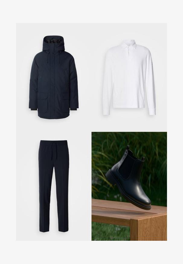 Navyblauwe parka-jas met een hoge kraag, verstelbare capuchon, twee voorste klepzakken en ribgebreide manchetten. Gemaakt van gestructureerde waterafstotende stof.; Witte lange mouwen polohemd met kraag en twee knopen, weergegeven op een lichtgrijze achtergrond.; Marineblauwe, lichte broeken met een elastische tailleband en verstelbaar trekkoord, met een recht model en een gladde textuur.; Zwarte leren enkelboot met elastische zijpanelen zwevend boven een houten bank, groene loof achtergrond.