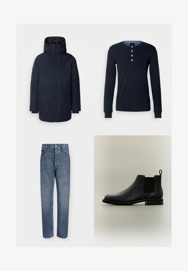 Navyblauwe parka-jas met een hoge kraag, verstelbare capuchon, twee voorste klepzakken en ribgebreide manchetten. Gemaakt van gestructureerde waterafstotende stof.; Donker marineblauwe longsleeve shirt van katoen, met een henley halslijn en vijf witte knopen, en geribbelde manchetten. Zachte textuur en aansluitend ontwerp.; Blauwe denim jeans met rechte pijpen, hoge taille, knoopsluiting aan de voorkant en vijfzakkenontwerp op een effen lichte achtergrond.; Zwarte leren Chelsea enkellaars met elastische zijpanelen en treklus op een lichtgrijze achtergrond.