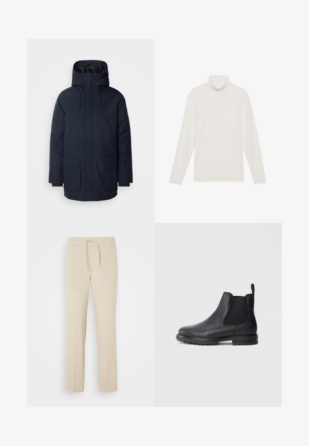 Mørkeblå parkajakke med høj krave, justerbar hætte, to frontlommer med klap og ribbede ærmer. Fremstillet af tekstureret vandafvisende stof.; Langærmet turtleneck top i hvid. Blødt, strækbart stof med en tætsiddende silhuet. Har en høj krave og minimal sømdetaljering.; Beige, elastisk taljebukser med snoretræk. Har lige ben og en glat tekstur, velegnet til afslappet brug eller afslapning.; Sorte læder Chelsea-støvler med elastiske sidestrimler, rundet tå og struktureret gummisål. Bageste træktab gør dem nemme at tage på.