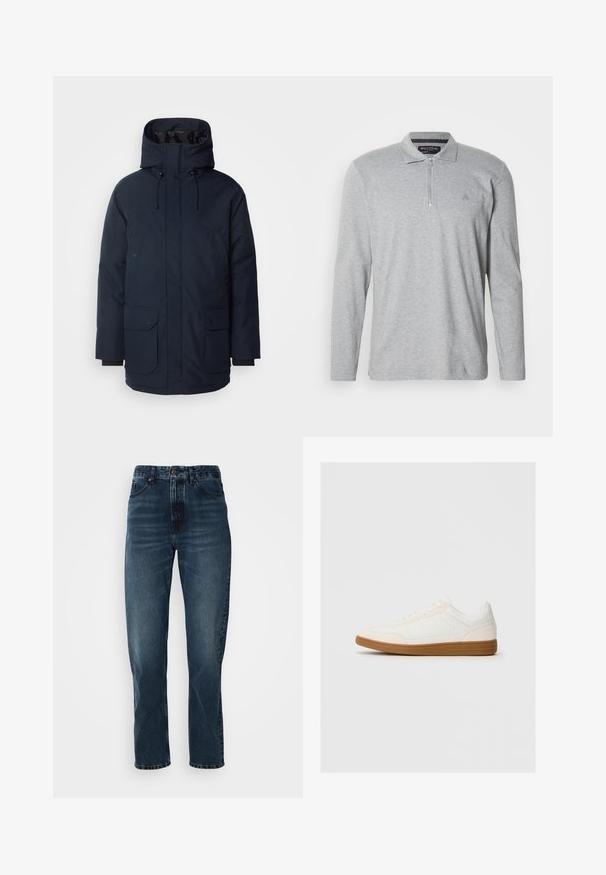 Navyblauwe parka-jas met een hoge kraag, verstelbare capuchon, twee voorste klepzakken en ribgebreide manchetten. Gemaakt van gestructureerde waterafstotende stof.; Grijze polo met lange mouwen van zachte stof, voorzien van een halve ritssluiting, een klassieke kraag en een klein logo op de borst.; Donkerblauwe recht gesneden jeans met een sluiting met knoop en rits aan de voorkant, vijf-pocket ontwerp en subtiele vervaging op de dijen en knieën.; Witte sneaker met een suède neus, een glad synthetisch bovenwerk en een tan rubberen zool. Beschikt over perforaties aan de zijkanten voor ventilatie.