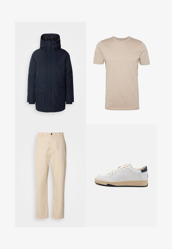 Navyblauwe parka-jas met een hoge kraag, verstelbare capuchon, twee voorste klepzakken en ribgebreide manchetten. Gemaakt van gestructureerde waterafstotende stof.; Beige katoenen t-shirt, korte mouwen, ronde hals, gladde textuur, naadloos ontwerp, lichtgewicht stof, geen zichtbare logo's of patronen.; Beige katoenen broek met rechte benen, een sluiting met een voorste knoop, zijzakken en een soepele textuur. Minimalistisch ontwerp, zonder zichtbare patronen.; Witte leren sneaker met beige zool en marineblauwe hielaccent, voorzien van zes beige veters, reliëflogo aan de zijkant en een gestructureerde rubberen buitenzool.