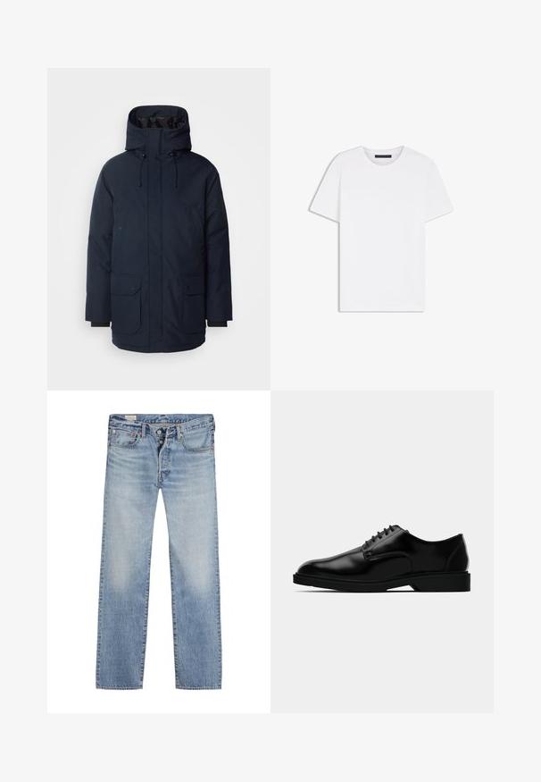 Marineblaue Parkajacke mit hohem Kragen, verstellbarem Kapuzen, zwei Fronttaschen mit Klappe und gerippten Bündchen. Hergestellt aus strukturiertem, wasserabweisendem Stoff.; Schlichtes weißes Kurzarm-T-Shirt mit Rundhalsausschnitt, flach auf weißem Hintergrund präsentiert, minimalistisches Design ohne sichtbare Logos oder Muster.; Helle blaue Jeans mit geradem Bein, ausgestattet mit einem Knopfverschluss, einem Fünf-Taschen-Design und einem ausgewaschenen Effekt an den Oberschenkeln.; Schwarze Lederdressschuhe mit glatter Oberfläche, rundem Zehenbereich, schnürbarem Design und unauffälliger Gummisohle für besseren Halt.