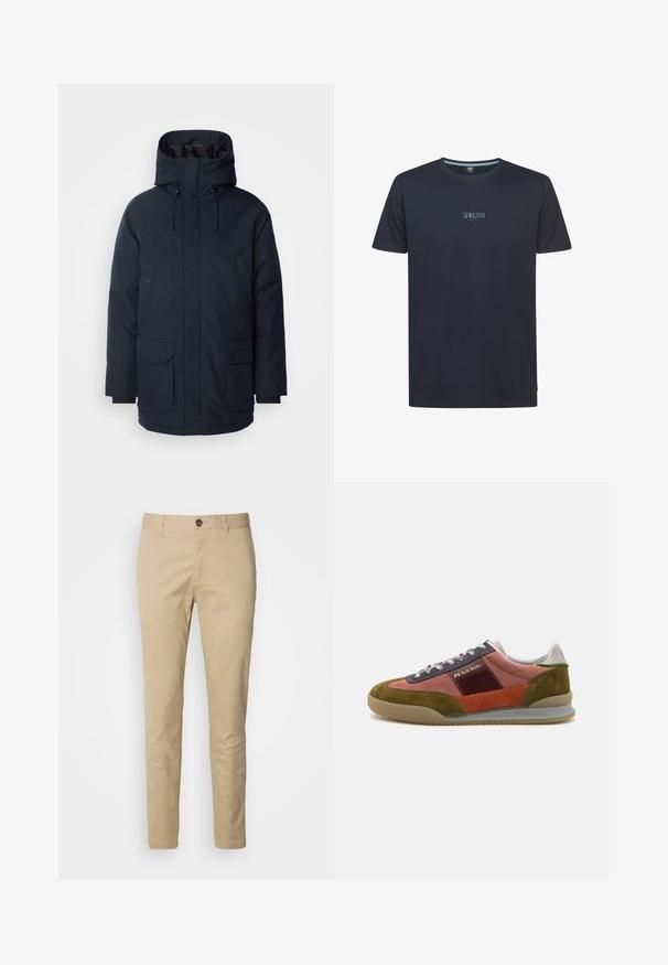 Navyblauwe parka-jas met een hoge kraag, verstelbare capuchon, twee voorste klepzakken en ribgebreide manchetten. Gemaakt van gestructureerde waterafstotende stof.; Donkerblauw T-shirt met ronde hals en korte mouwen, met een klein "PETROL" logo gecentreerd op de borst.; Beige chino's met een knoopsluiting, slanke pasvorm en een gladde katoenstof. Bevat stikdetails en een standaard vijfzakkenontwerp.; PS Paul Smith DOVER - Sneakers laag - pink