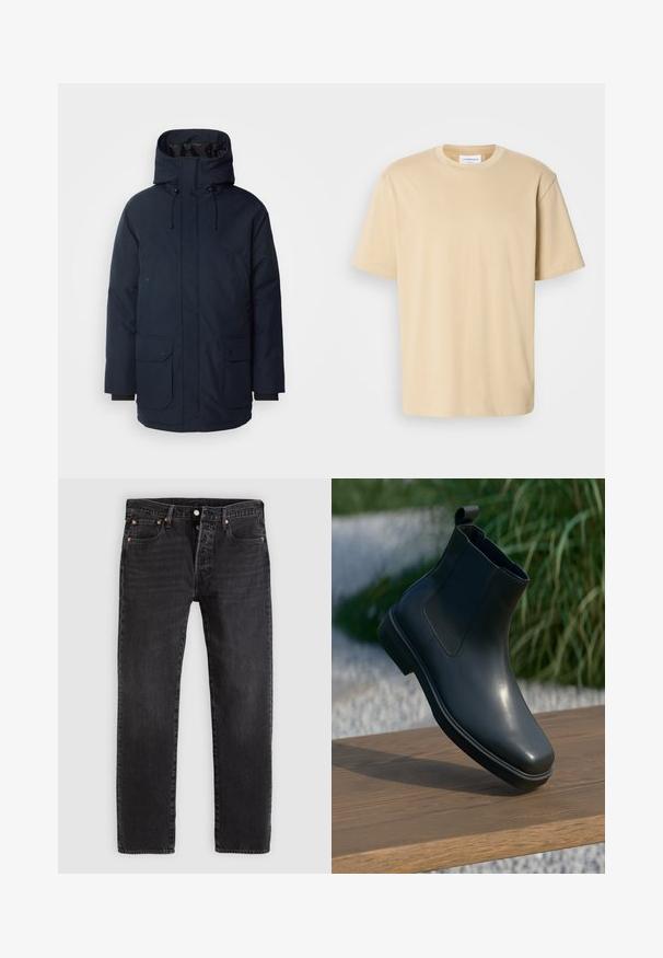 Mørkeblå parkajakke med høj krave, justerbar hætte, to frontlommer med klap og ribbede ærmer. Fremstillet af tekstureret vandafvisende stof.; Beige kortærmet t-shirt, lavet af blødt stof. Har en rund halsudskæring og en afslappet pasform uden synlige mønstre eller detaljer.; Sorte jeans i denim med en lige pasform, der har to forlommer, en møntlomme og metalnitter. Klassisk design med fem lommer.; Sort læder ankelstøvle med en glat overflade, elastiske sider og et løkkeagtigt trækstrop, der hviler på en træoverflade mod en sløret baggrund.