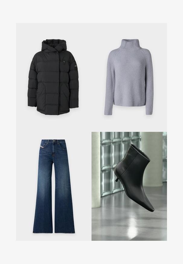 Doudoune noire avec capuche, présentant des sections matelassées, une fermeture éclair à l'avant et un petit patch logo sur l'épaule gauche. Texture lisse.; Pull en maille côtelée gris clair avec un col haut, des manches longues et une coupe décontractée, présentant un motif texturé et un ourlet droit.; Jeans taille haute, bleu foncé, à jambe large, avec poches avant et à pièce, fermeture à bouton et détails de décoloration subtile sur les cuisses.; Bottine en cuir noir à bout pointu et petit talon kitten, présentée en angle devant un sol poli et un mur en blocs de verre.