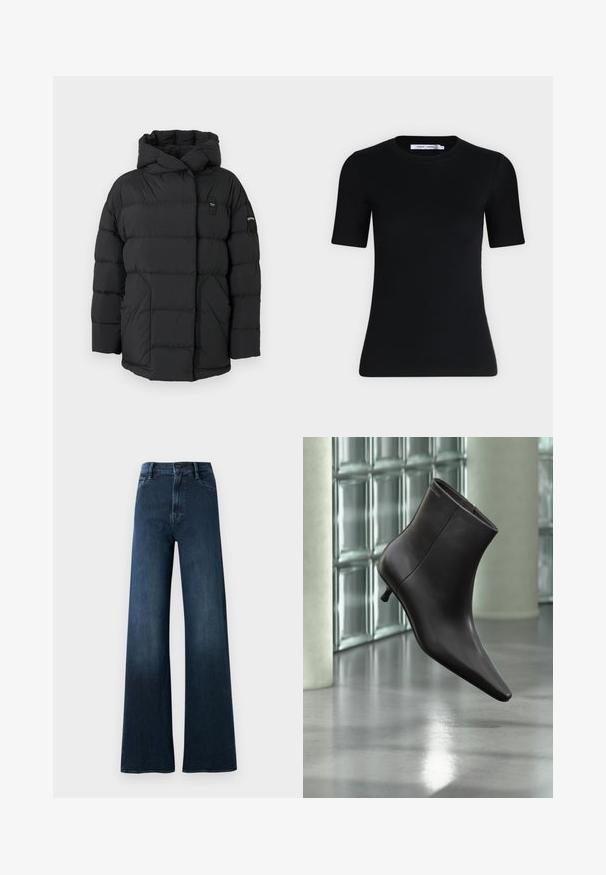 Doudoune noire avec capuche, présentant des sections matelassées, une fermeture éclair à l'avant et un petit patch logo sur l'épaule gauche. Texture lisse.; T-shirt noir ajusté à manches courtes avec un col rond et une étiquette à l'intérieur du col sur un fond clair uni.; Jeans larges de couleur bleu foncé en denim. Dotés d'une taille haute, de poches avant, d'une fermeture à bouton et d'un détail de couture minimal.; Bottine en cuir noir avec bout pointu et petit talon, présentée devant un mur en blocs de verre et un sol poli.